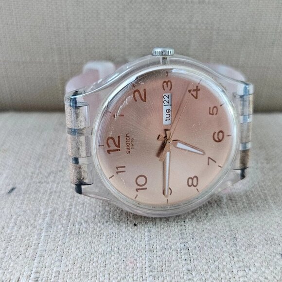 Swatch Pink Glistar SUOK703 Watch 40mm Silicone Rose Gold Tone Glitter - Picture 12 of 13